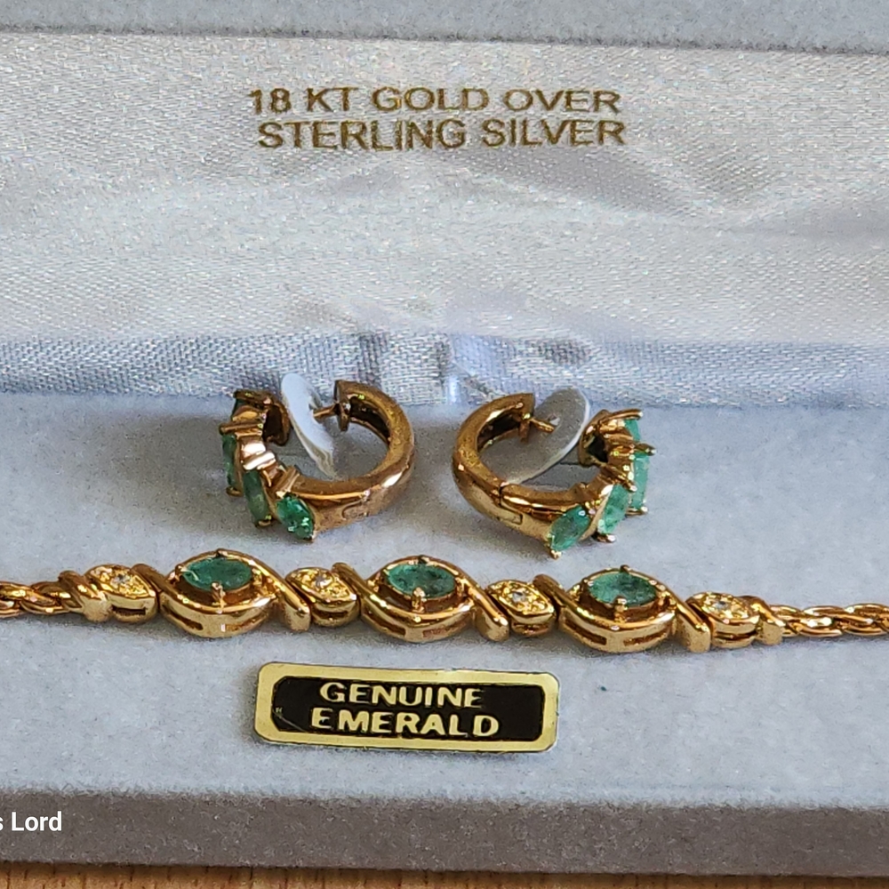 90s QVC 18k Gold Over Sterling Silver Emerald & Diamonique Bracelet & Earrings